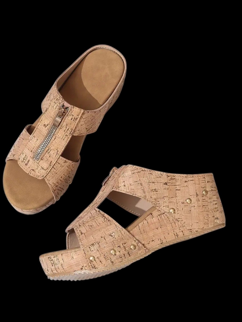 Corkys "TABOO" Neutral Cork-Pattern Wedge Sandals with Front Zip